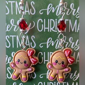 Festive Gingerbread Girl Earrings with Ruby Red Crystal Beads